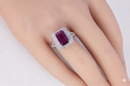 Emerald-Cut Ruby and Diamond Halo Filigree Ring