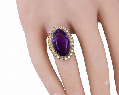 Yellow Gold Oval Amethyst and Diamond Scalloped Halo Statement Ring