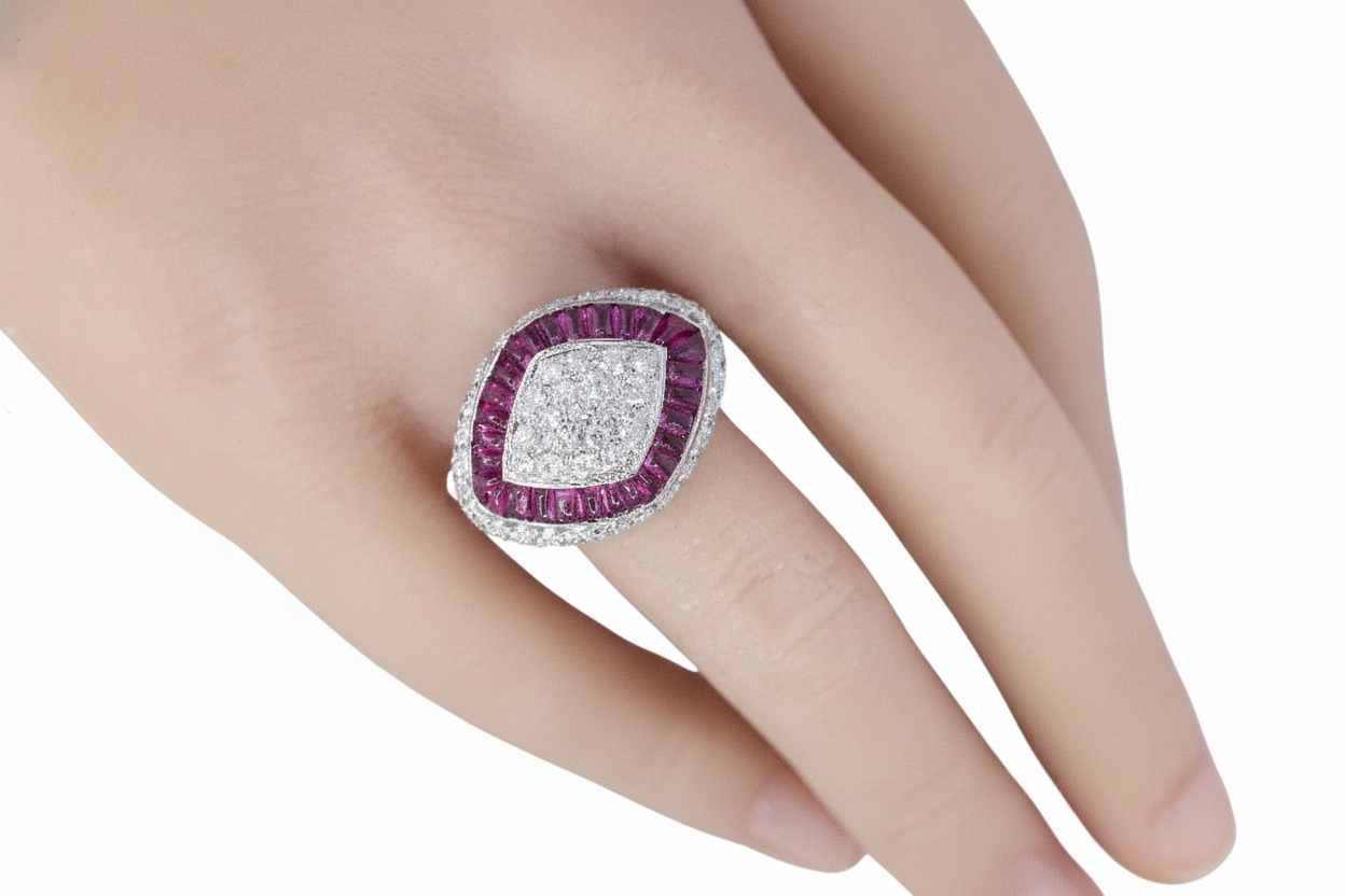 Round Diamond and Ruby Halo Art Deco Style Target Ring