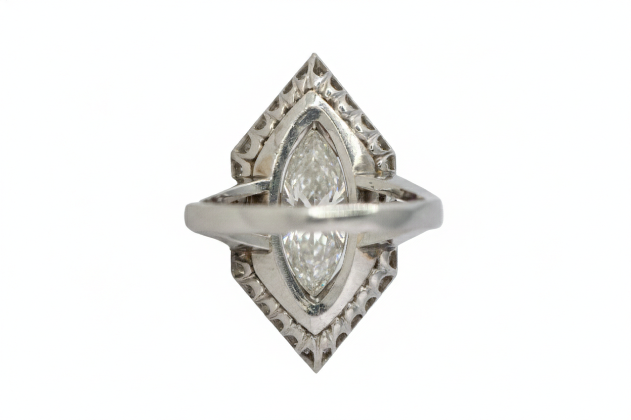 Marquise Diamond with French-Cut Ruby Halo and Diamond Border Ring