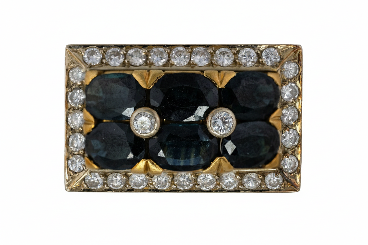 Rectangular Sapphire and Diamond Two Row Cluster Ring