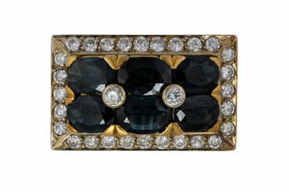 Rectangular Sapphire and Diamond Two Row Cluster Ring