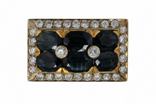 Rectangular Sapphire and Diamond Two Row Cluster Ring