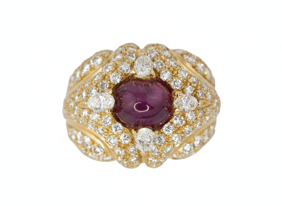 Cabochon Ruby and Diamond Pavé Dome Ring