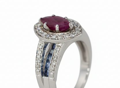 Marquise Ruby with Diamond Halo and Sapphire Channel-Set Band
