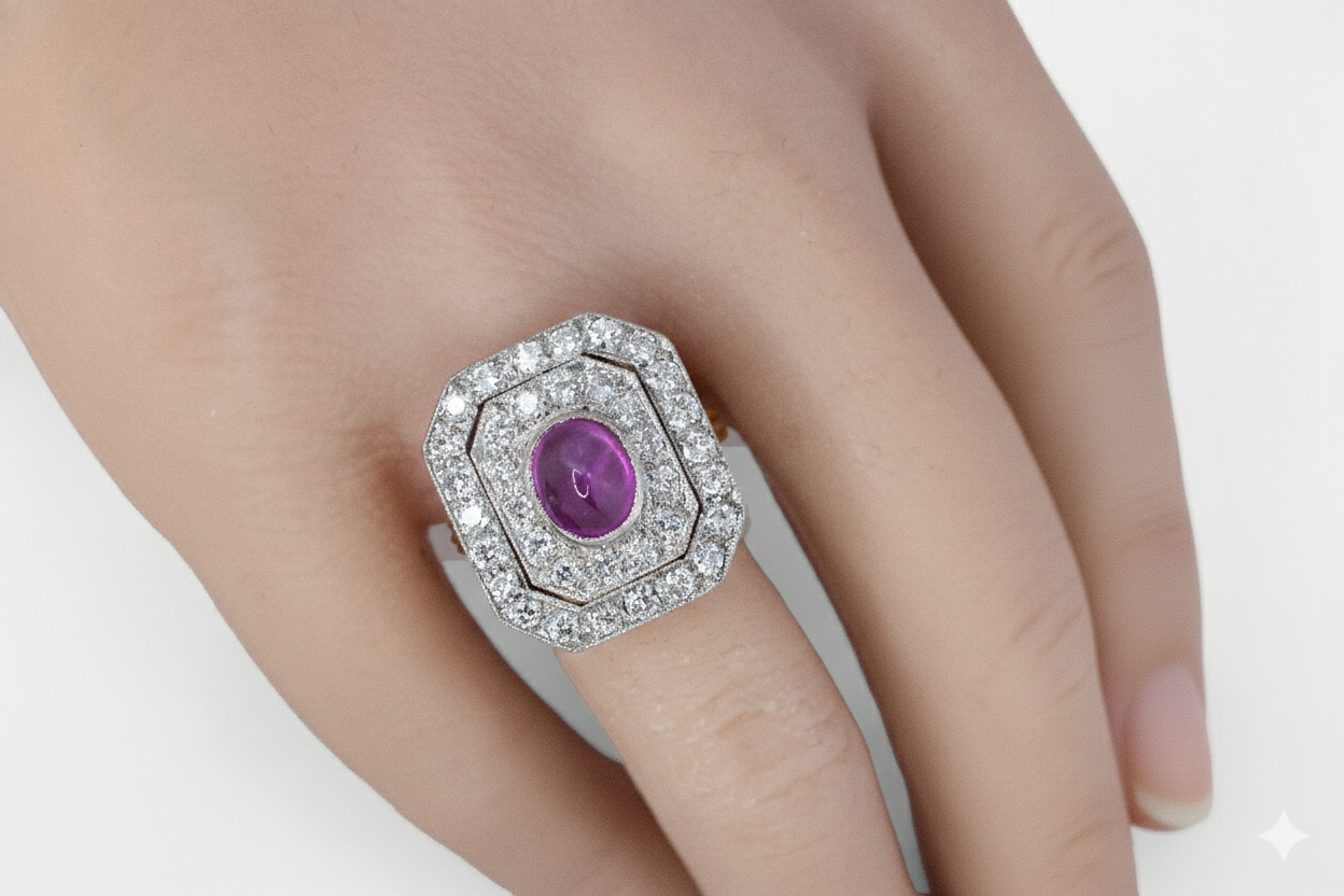 Oval Ruby and Diamond Double Halo Cocktail Ring