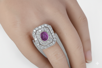 Oval Ruby and Diamond Double Halo Cocktail Ring