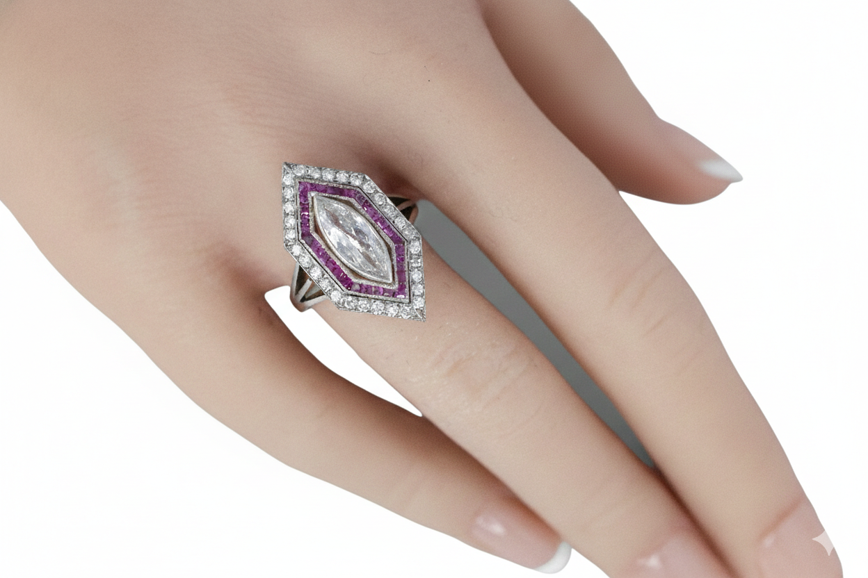 Marquise Diamond with French-Cut Ruby Halo and Diamond Border Ring