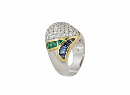 Diamond, Emerald, and Sapphire Pavé Dome Ring