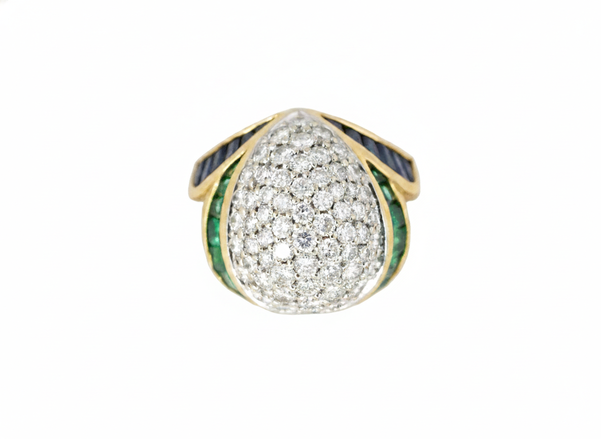 Diamond, Emerald, and Sapphire Pavé Dome Ring