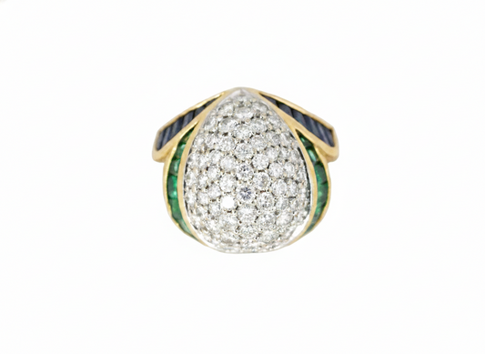 Diamond, Emerald, and Sapphire Pavé Dome Ring