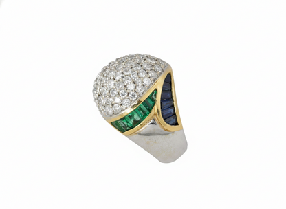Diamond, Emerald, and Sapphire Pavé Dome Ring