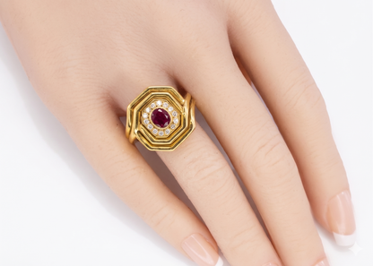 Octagonal Frame Diamond and Ruby Ring