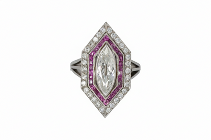 Marquise Diamond with French-Cut Ruby Halo and Diamond Border Ring