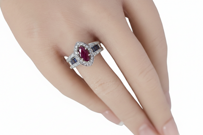 Marquise Ruby with Diamond Halo and Sapphire Channel-Set Band