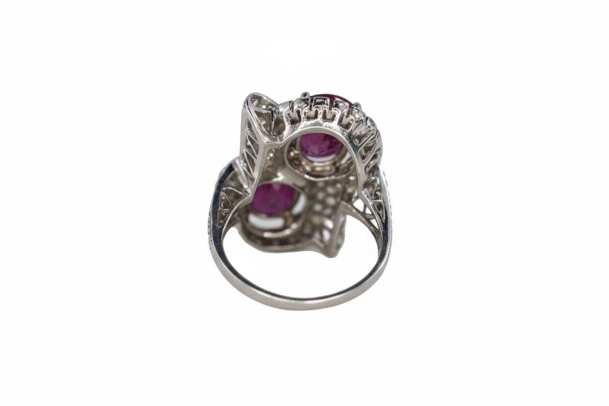 Oval Ruby Bypass Cocktail Ring with Baguette and Round Diamond Accents