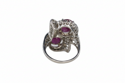 Oval Ruby Bypass Cocktail Ring with Baguette and Round Diamond Accents