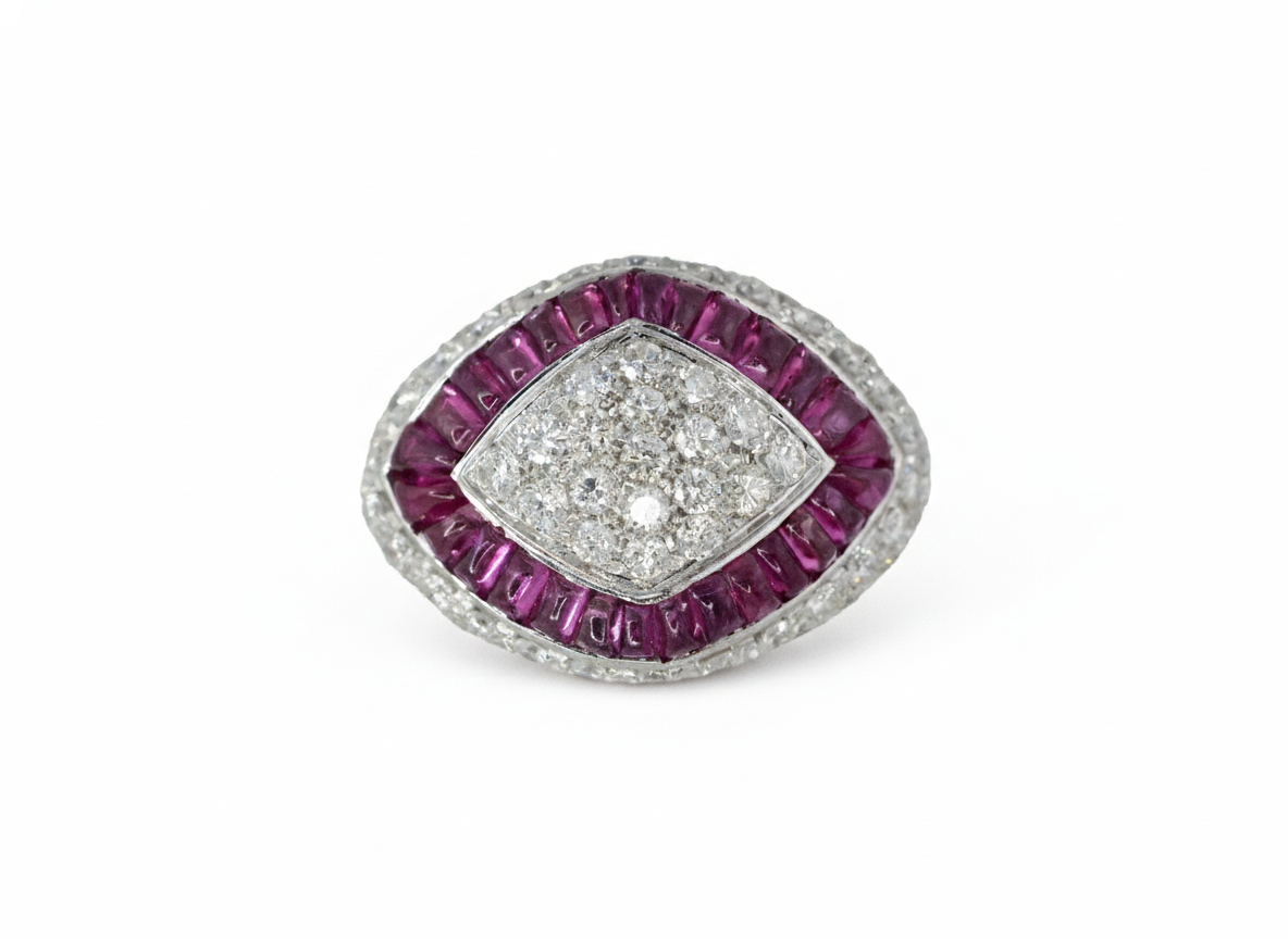 Round Diamond and Ruby Halo Art Deco Style Target Ring