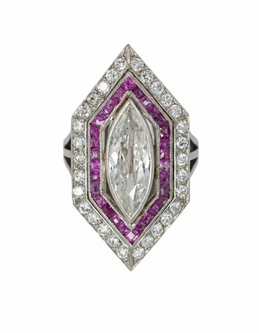 Marquise Diamond with French-Cut Ruby Halo and Diamond Border Ring