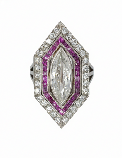 Marquise Diamond with French-Cut Ruby Halo and Diamond Border Ring