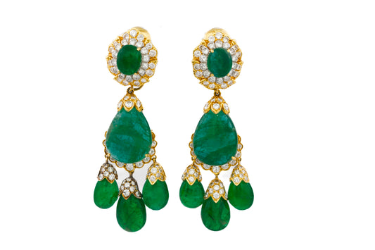 David Webb Pair of Emerald and Diamond Pendent Ear Clips