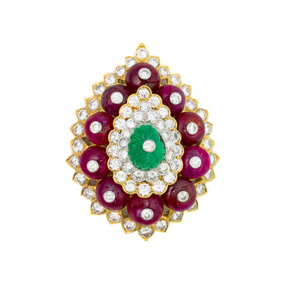 David Webb Carved Ruby and Emerald Diamond Brooch