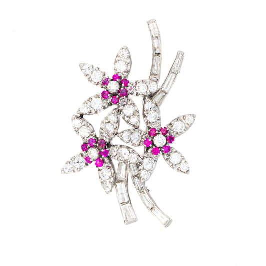 Floral Diamond and Ruby Brooch
