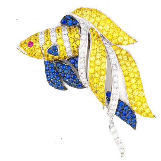 Multi-Gemstone Fish Brooch in White Gold