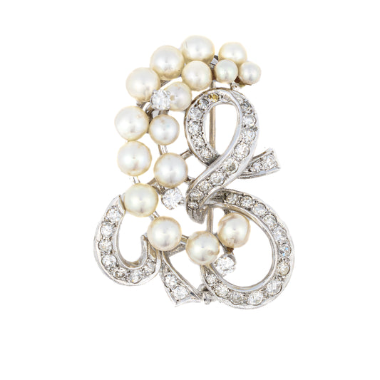Antique Pearl and Diamond Ribbon Brooch