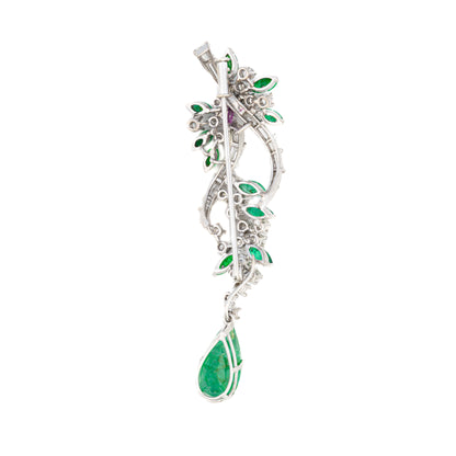 Emerald and Diamond Floral Drop Brooch