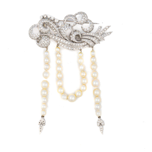 Retro Diamond and Pearl Cascading Brooch
