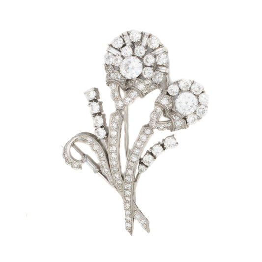 Art Deco Diamond Double Flower Brooch in Platinum