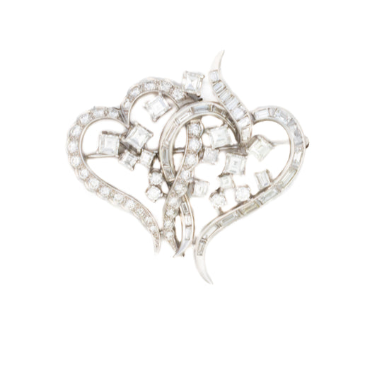 Diamond Double Heart Brooch in Platinum