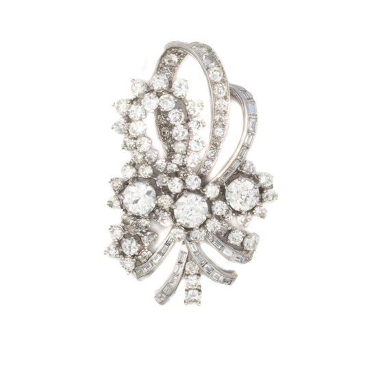 Diamond Ribbon Floral Brooch in Platinum