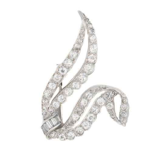 Round and Baguette Diamond Ribbon Brooch in Platinum