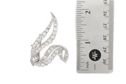 Round and Baguette Diamond Ribbon Brooch in Platinum