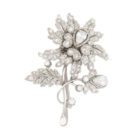 Platinum Floral Round and Pear Shaped Diamond Brooch