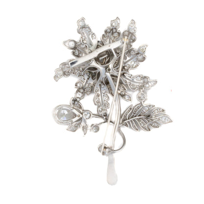 Platinum Floral Round and Pear Shaped Diamond Brooch