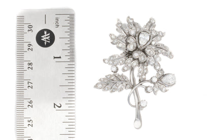 Platinum Floral Round and Pear Shaped Diamond Brooch