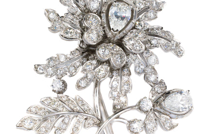 Platinum Floral Round and Pear Shaped Diamond Brooch