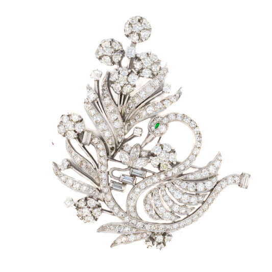 Diamond and Emerald Floral Swan Brooch in Platinum