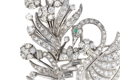 Diamond and Emerald Floral Swan Brooch in Platinum