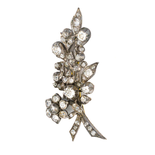 Art Deco Diamond Floral Brooch In Silver with Gold Platting
