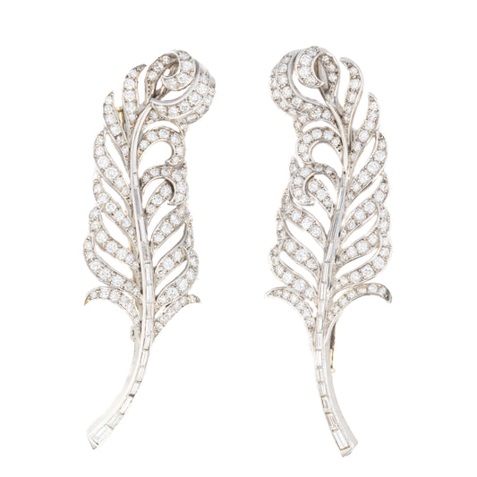 Pair of Diamond Feather Brooches in Platinum