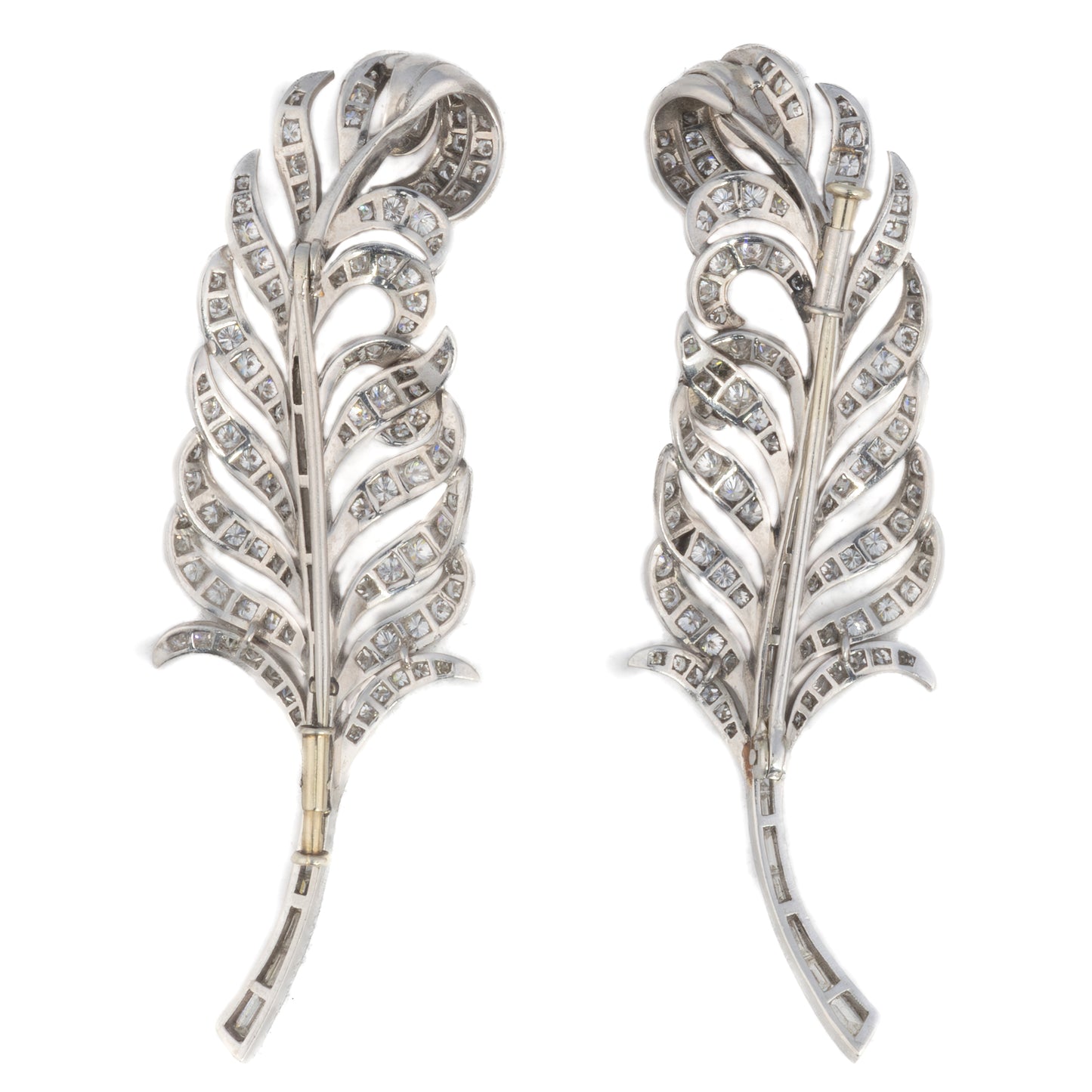 Pair of Diamond Feather Brooches in Platinum