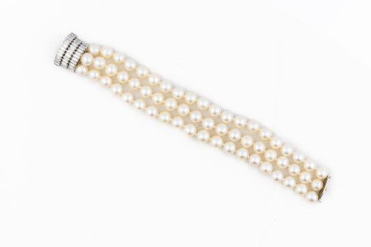 Three-Strand Pearl and Baguette Diamond Bracelet