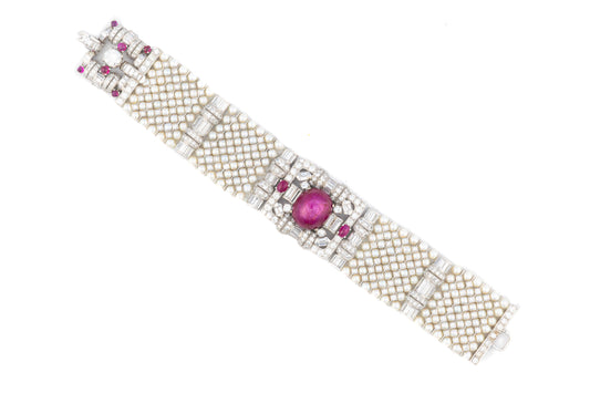 Art Deco Diamond, Ruby & Multi Stranded Pearl Bracelet