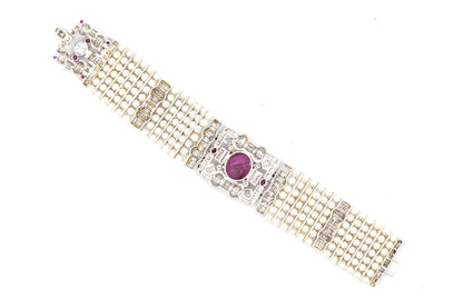 Art Deco Diamond, Ruby & Multi Stranded Pearl Bracelet