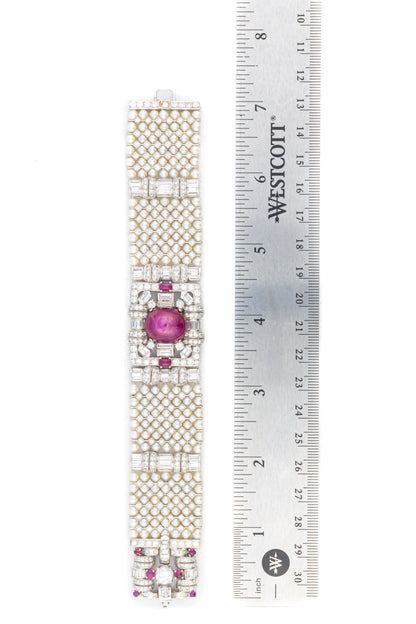 Art Deco Diamond, Ruby & Multi Stranded Pearl Bracelet