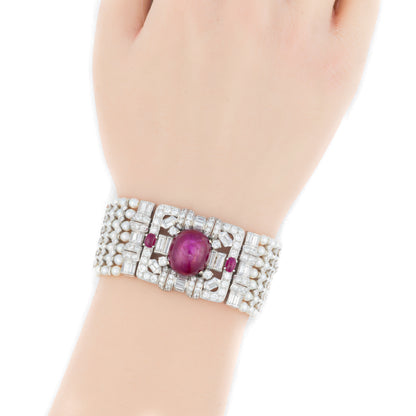 Art Deco Diamond, Ruby & Multi Stranded Pearl Bracelet
